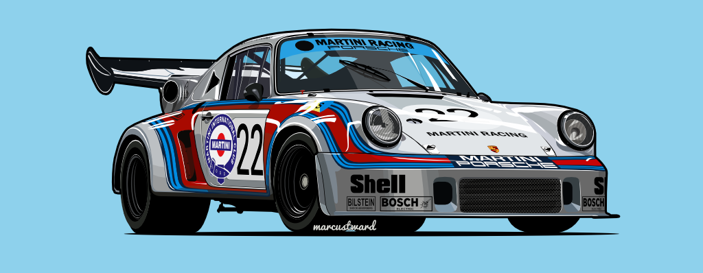 Digital drawing of a Porsche 911 in Martini livery