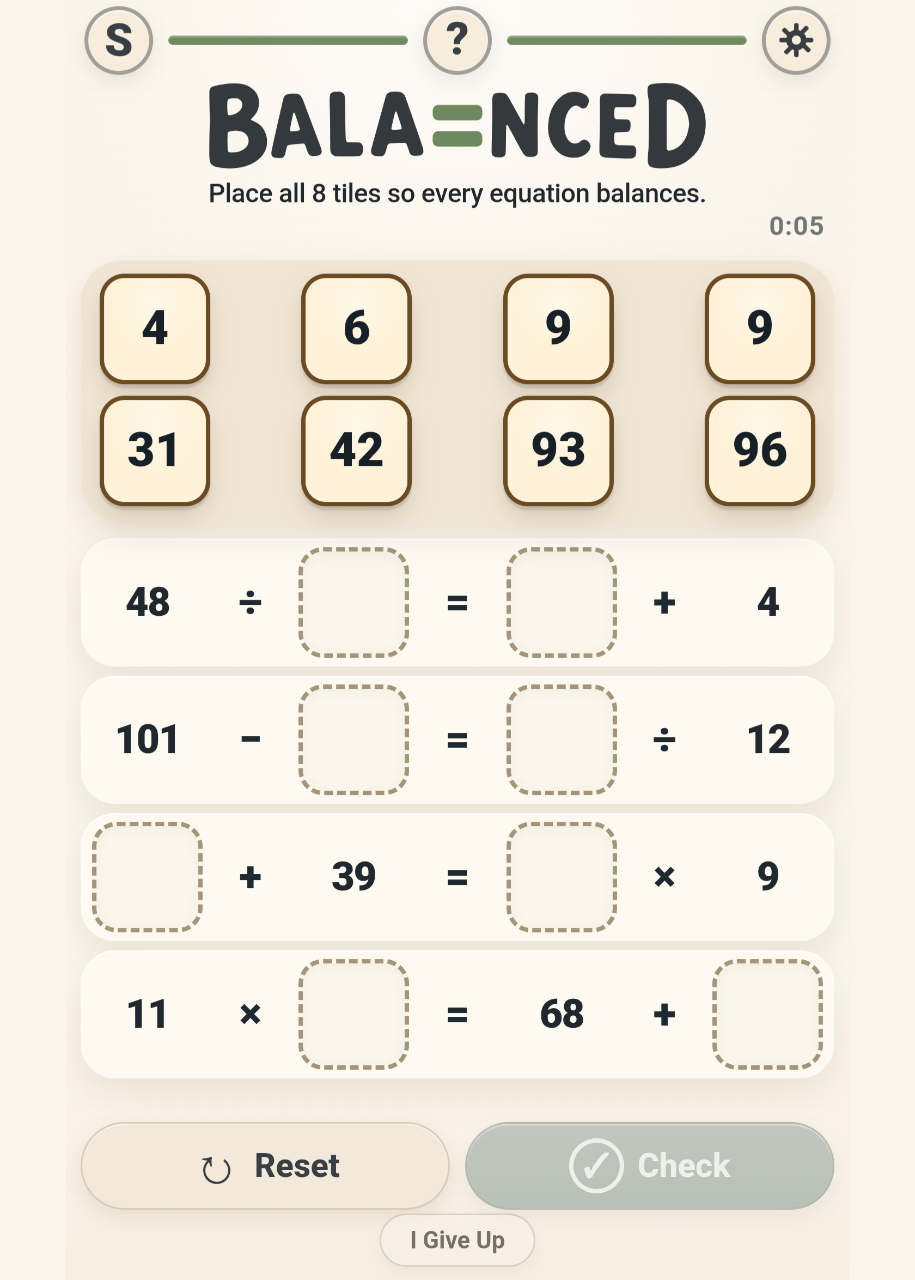 Balanced number puzzle game
